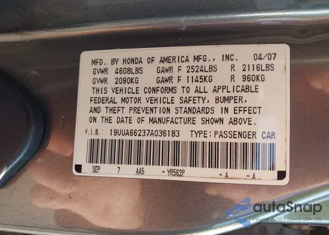 2007 Acura Tl 3.2 из США, поврежденный, VIN 19UUA66237A036183